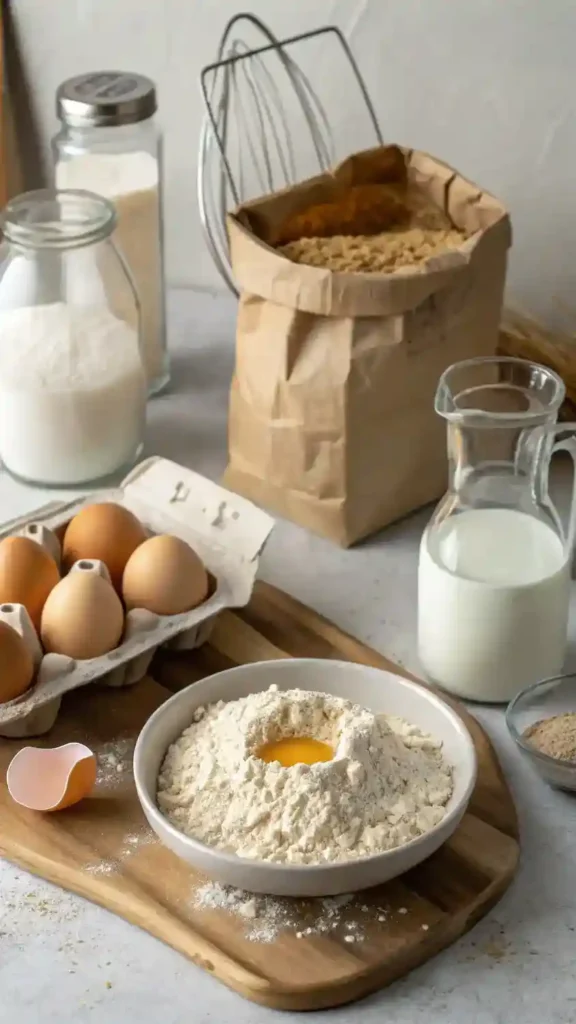 Ingredients for Oat Flour Pancakes displayed on a kitchen counter.
