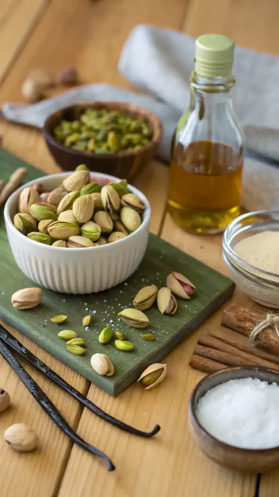 Ingredients for making pistachio butter displayed on a wooden table.