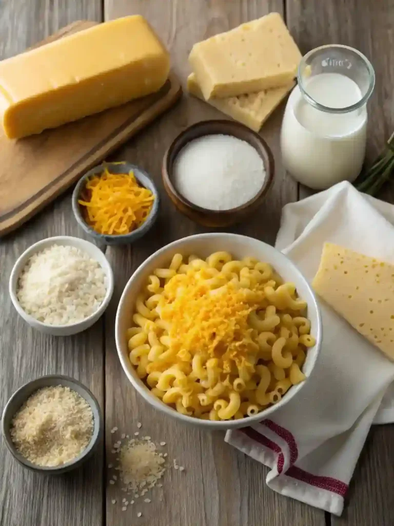 Ingredients for Tini’s Mac and Cheese displayed aesthetically.