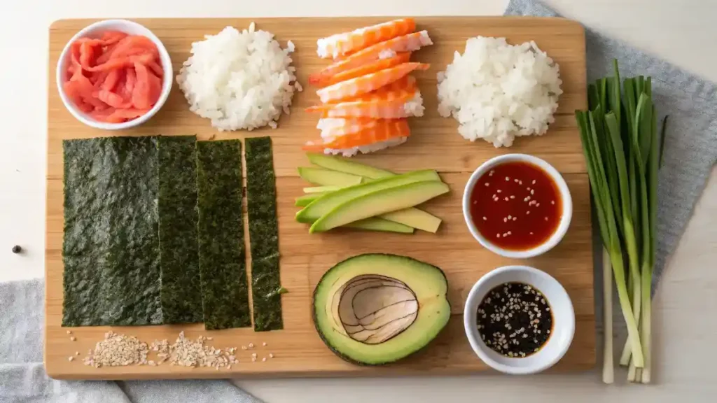 Ingredients for Volcano Roll displayed on a wooden cutting board.