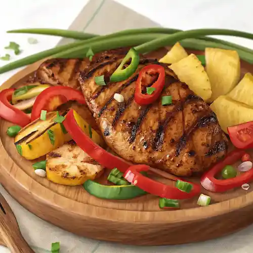 Grilled jerk chicken breast served with sliced bell peppers, grilled pineapple, and green onions on a wooden plate