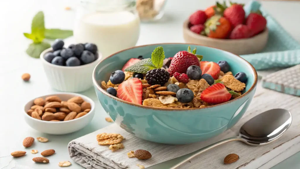 A bowl of keto breakfast cereal topped with fresh berries and nuts.