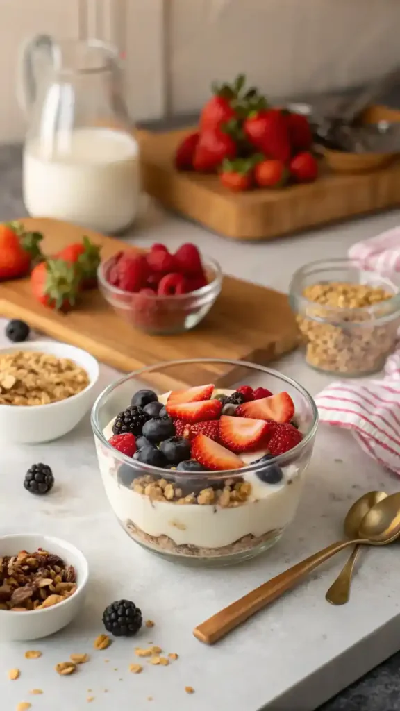 Ingredients for making a yogurt parfait displayed on a kitchen counter.