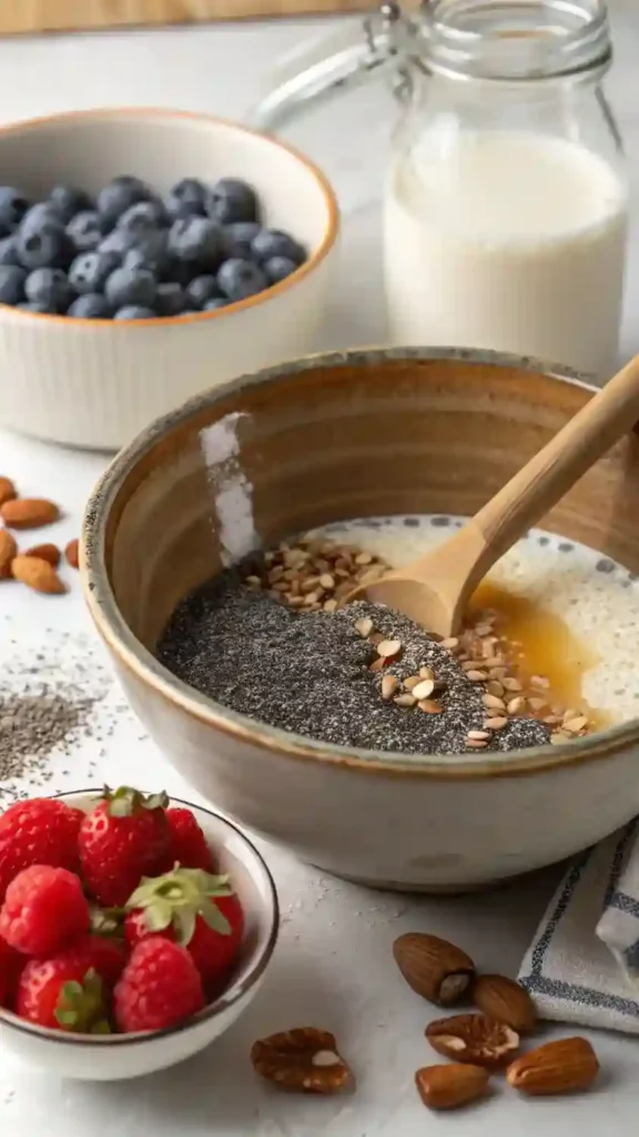 A mixing bowl with chia seeds, almond milk, and maple syrup, surrounded by fresh berries.