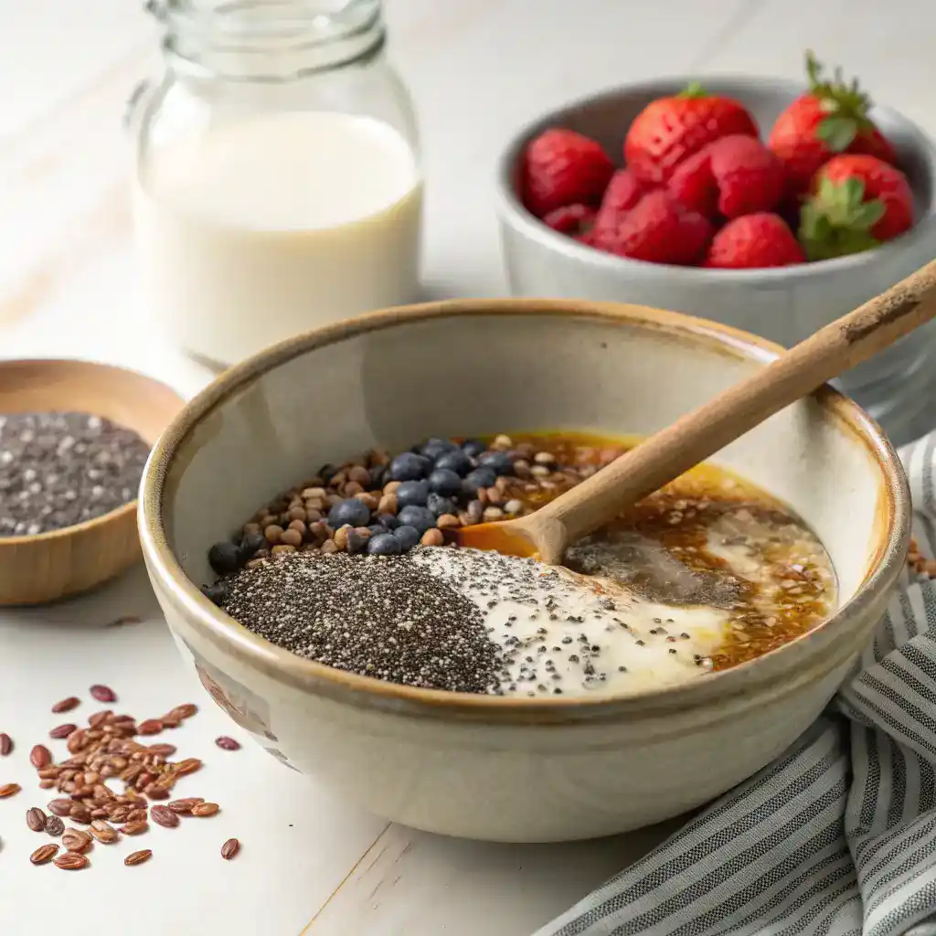 A mixing bowl with chia seeds, almond milk, and maple syrup, surrounded by fresh berries.