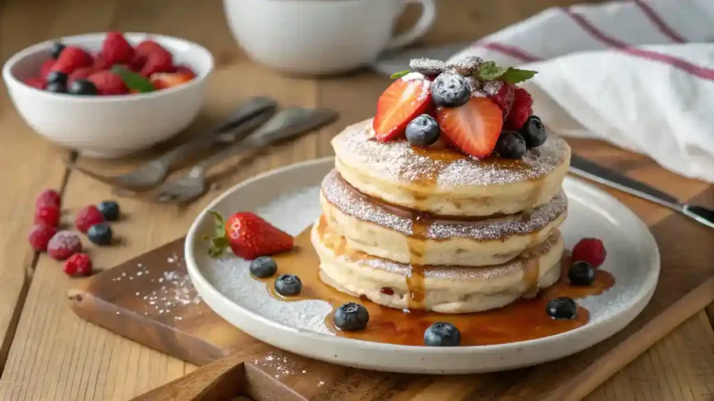 A delicious stack of Oat Flour Pancakes topped with berries and syrup.