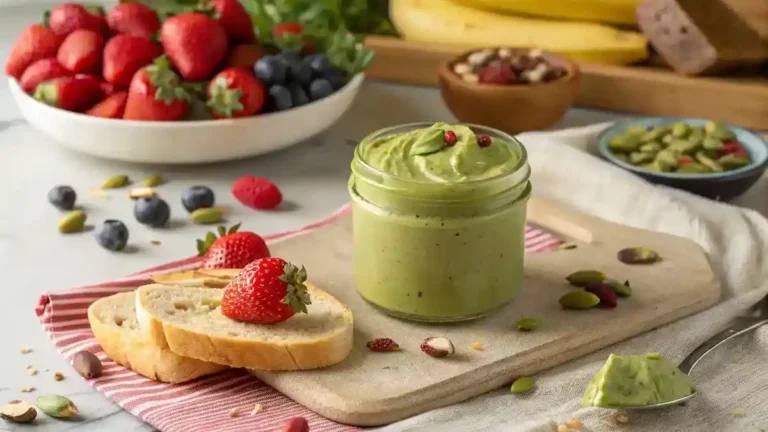 A jar of creamy pistachio butter with toast and fruits.