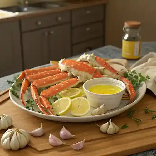 Cooked crab legs served on a white plate with lemon slices, parsley, garlic cloves, and a bowl of melted butter.