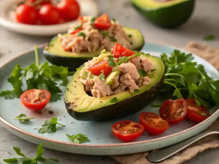 Delicious Tuna Stuffed Avocados served on a plate.