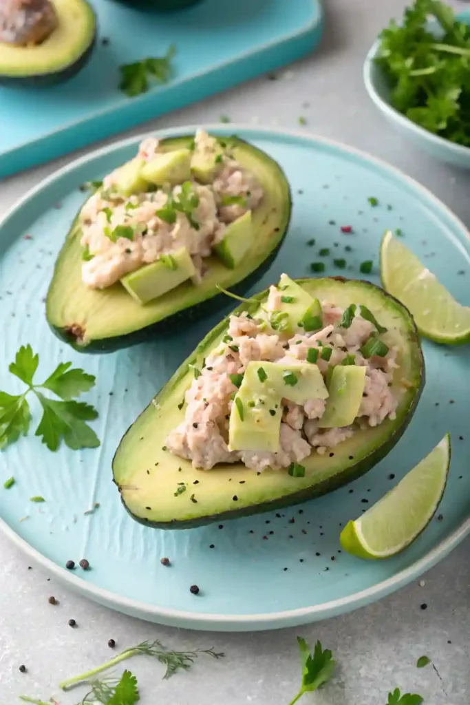Tuna-Stuffed Avocados – Keto No-Cook Lunch Avocado halves filled with creamy tuna salad