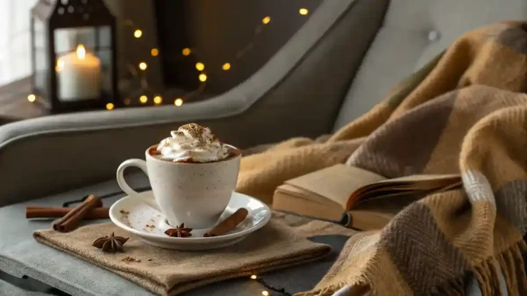 A cozy cup of hot chocolate with Mexican chocolate topped with whipped cream and cinnamon.
