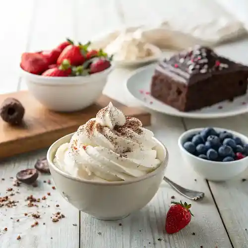 Bowl of whipped cream topped with chocolate shavings, surrounded by fresh strawberries, blueberries, and a slice of chocolate cake.