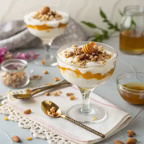 A yogurt parfait served as a dessert in an elegant glass with honey and nuts.