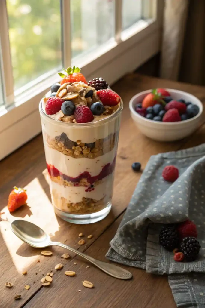 Yogurt Parfait – A Lazy Night’s Sweet Finish Greek yogurt layered with berries and granola