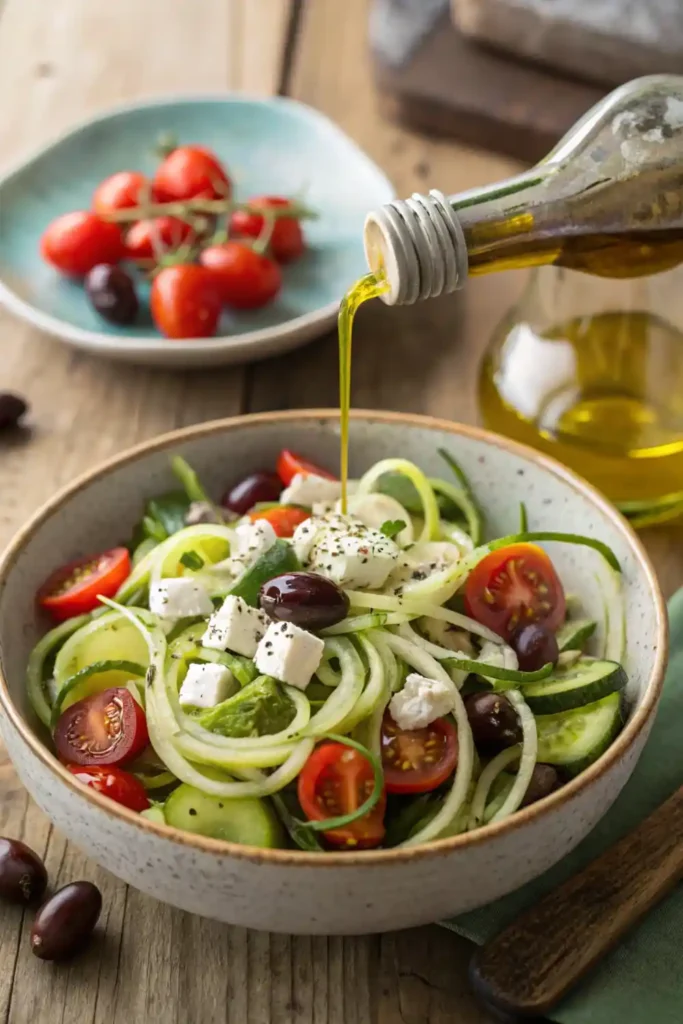 Zucchini Noodle Greek Salad – Fresh and Hydrating Spiralized zucchini salad with tomatoes, cucumbers, feta, and olives