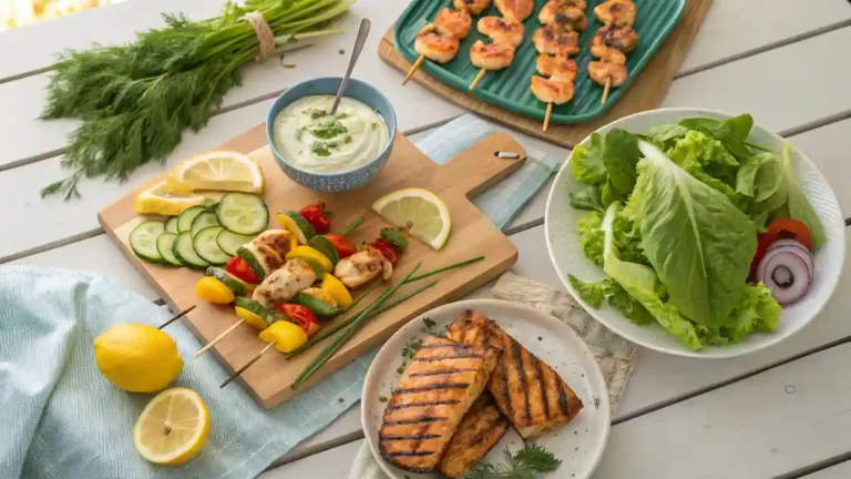 Healthy diabetic-friendly grilled foods including chicken, salmon, shrimp, and veggies on a summer picnic table