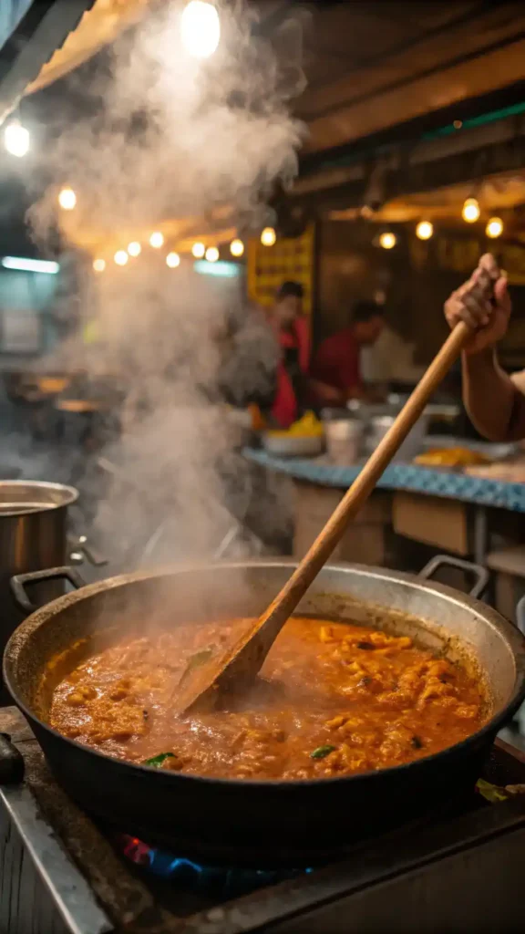  Cooking curry paste in pot with wooden spoon, showing the cooking process