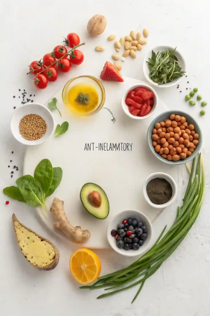 Flat lay of anti-inflammatory chicken fajita soup ingredients including chicken thighs, colorful bell peppers, turmeric, ginger, and bone broth arranged in a circle