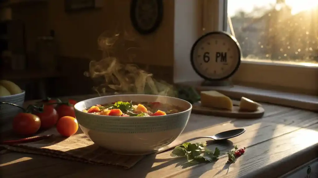 Bowl of anti-inflammatory chicken fajita soup with colorful bell peppers and fresh cilantro, photographed during golden hour with a clock showing 6 PM in the background