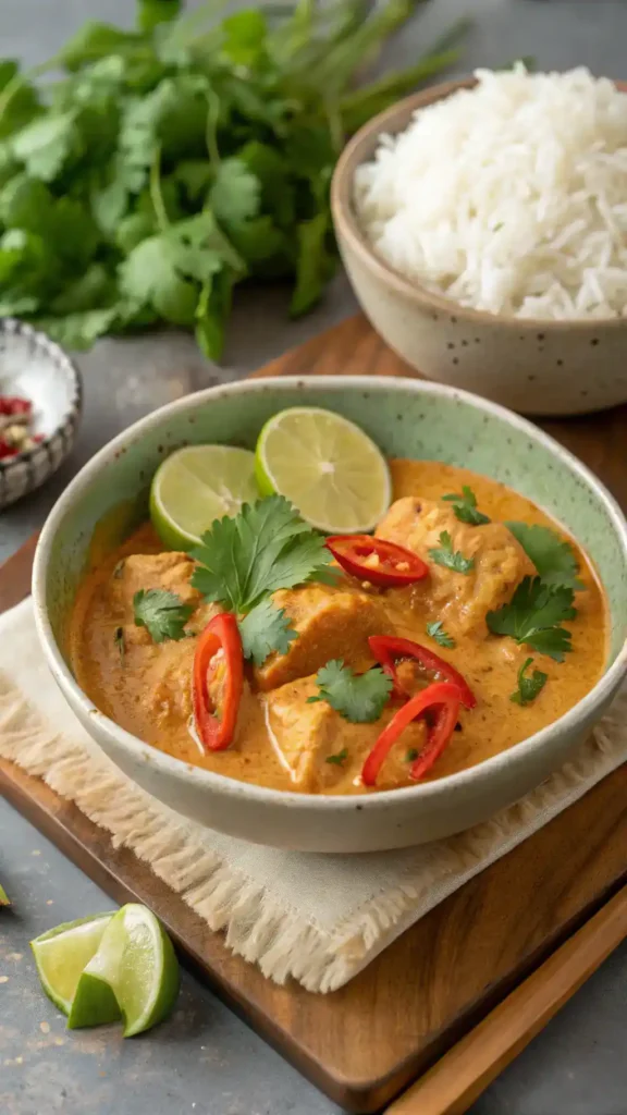 Elegantly plated Thai Style Chicken Curry with rice, lime wedges, and herb garnish