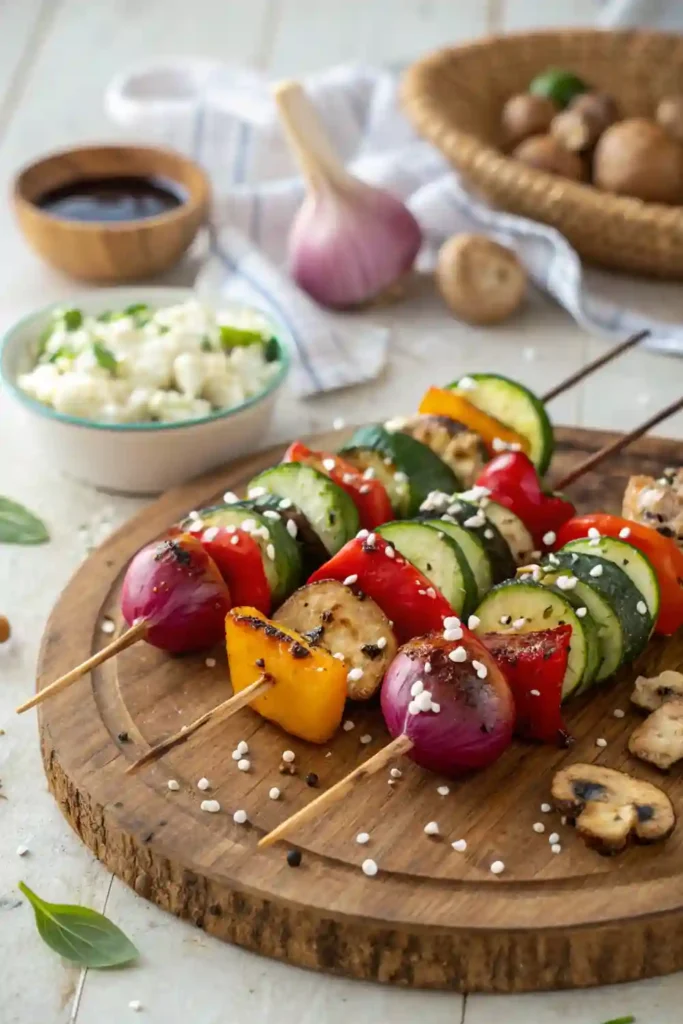 Grilled veggie skewers with bell peppers, zucchini, mushrooms, and red onion, drizzled with balsamic glaze
