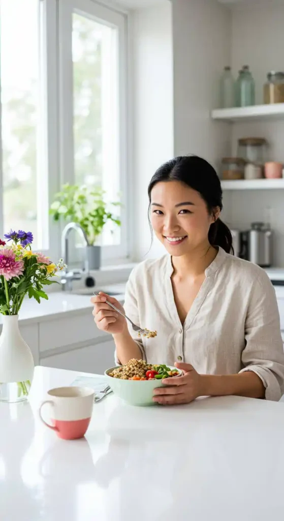 Person eating Mediterranean quinoa power bowl at bright modern kitchen table with natural window light, showing partially eaten healthy meal