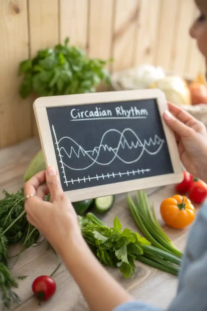 Infographic showing circadian rhythm waves with evening nutrition timing, surrounded by anti-inflammatory ingredients like turmeric and ginger