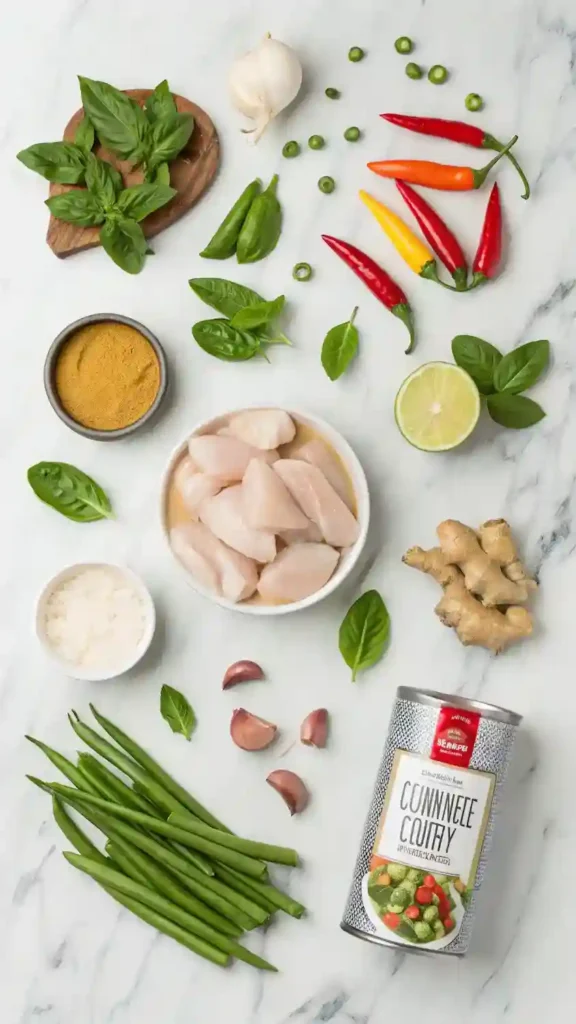 Thai Style Chicken Curry ingredients arranged on marble surface including coconut milk, curry paste, and fresh vegetables