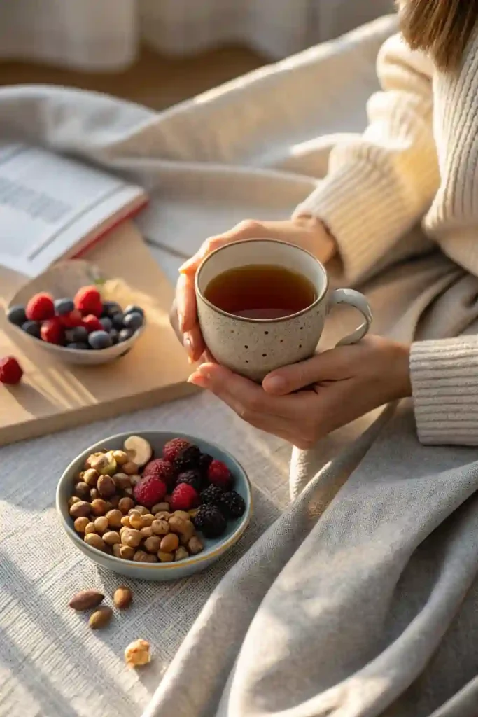 Hands holding warm tea mug with Diet and Mental Health