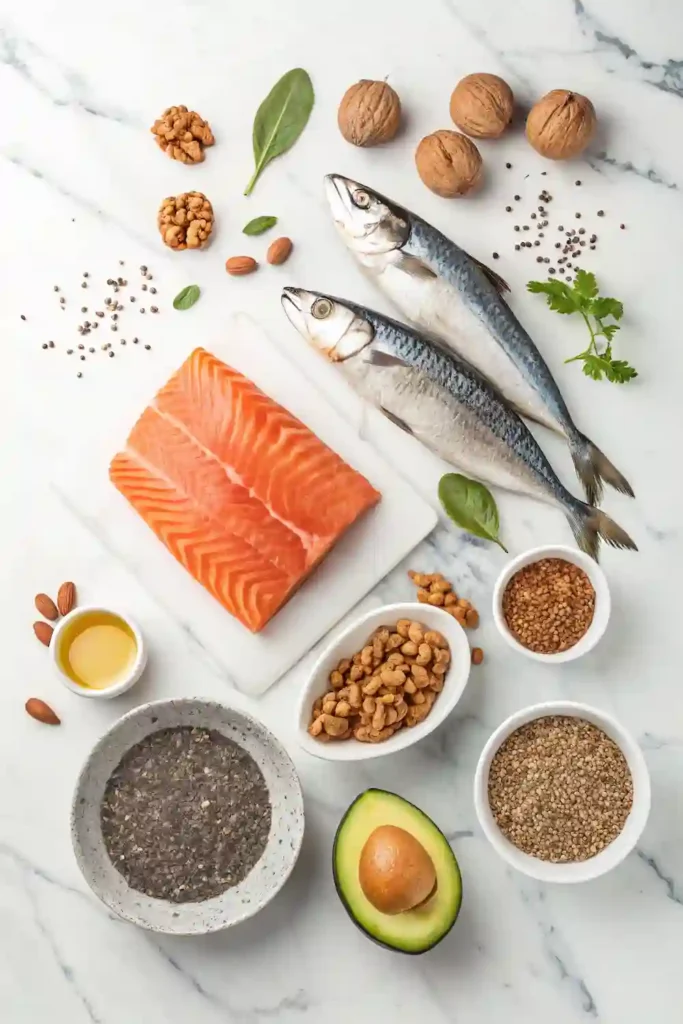 Omega-3 rich foods including salmon, walnuts, chia seeds, and sardines arranged on marble surface