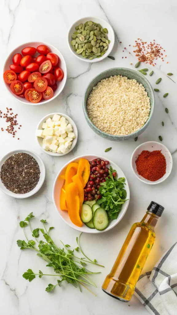 All ingredients for saffron quinoa bowl recipe laid out including saffron, truffle oil, and fresh vegetables