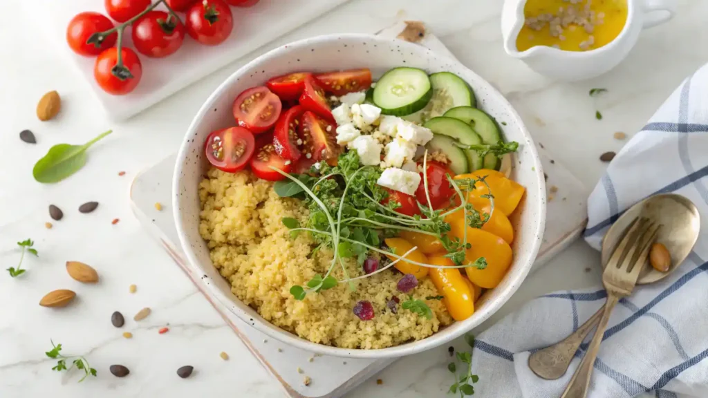 Saffron quinoa bowl with truffle oil, microgreens, and colorful vegetables in white ceramic bowl