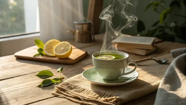 Green tea with lemon in a mug on a morning table
