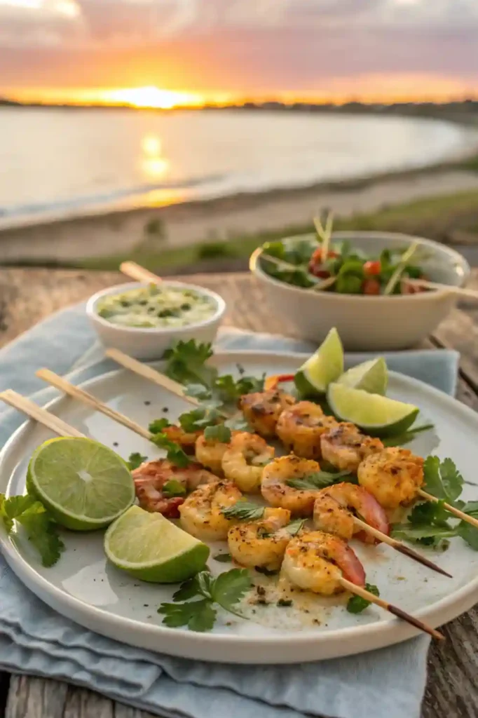 Garlic-lime marinated shrimp skewers grilled and served with lime wedges and herbs