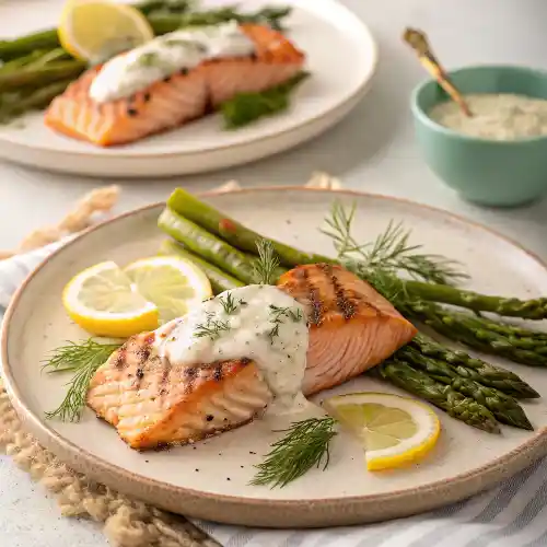 Salmon with dill sauce on plate