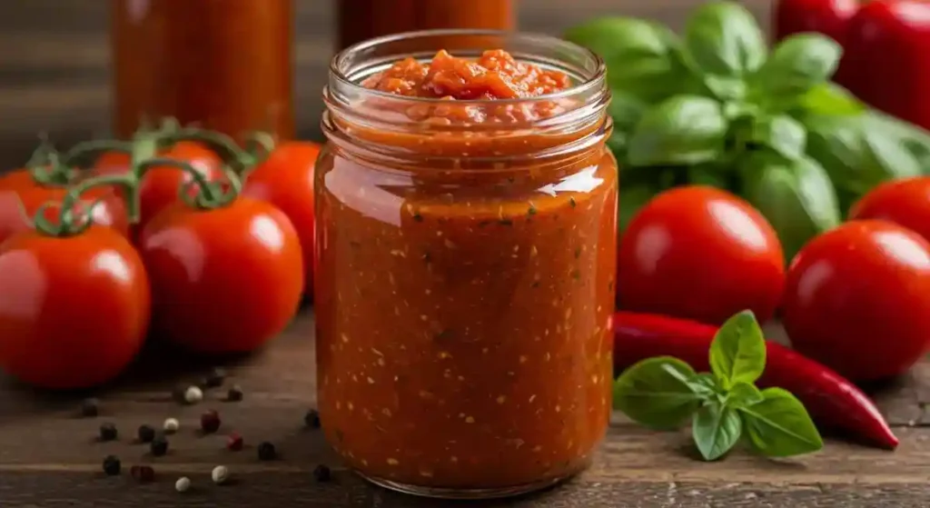 A jar of homemade canned spaghetti sauce surrounded by fresh tomatoes and herbs.