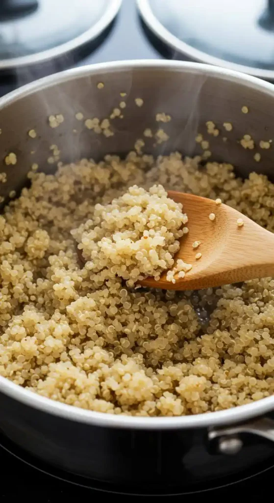 Close-up of perfectly cooked fluffy quinoa in saucepan with wooden spoon and steam rising, showing proper quinoa texture and cooking technique