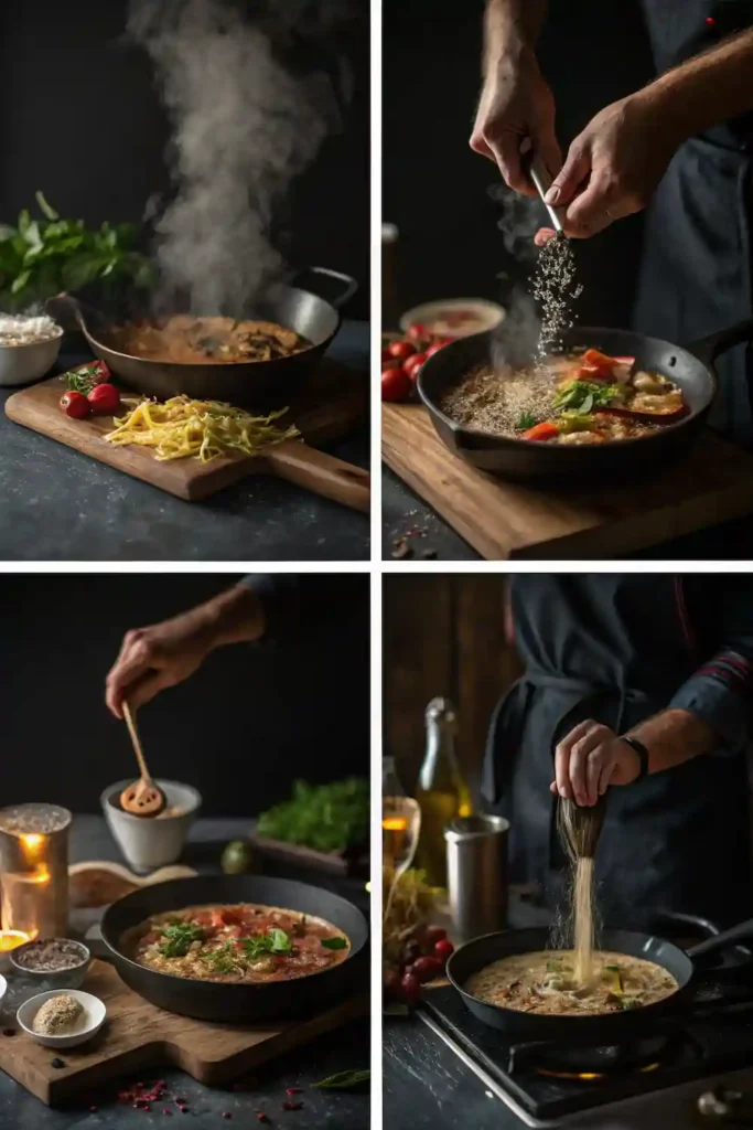 Step-by-step cooking process showing sautéing onions, adding spices, cooking chicken and peppers, and simmering the final soup