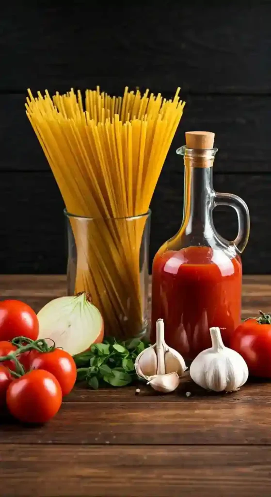 Ingredients and steps for making homemade canned spaghetti sauce laid out on a kitchen counter.
