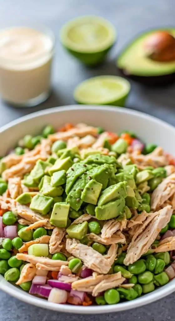 A colorful Keto Avocado Chicken Salad with diced chicken, avocado, and fresh vegetables in a bowl.