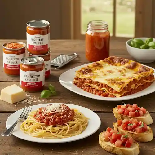 Different serving suggestions for homemade canned spaghetti sauce, including pasta and bruschetta.