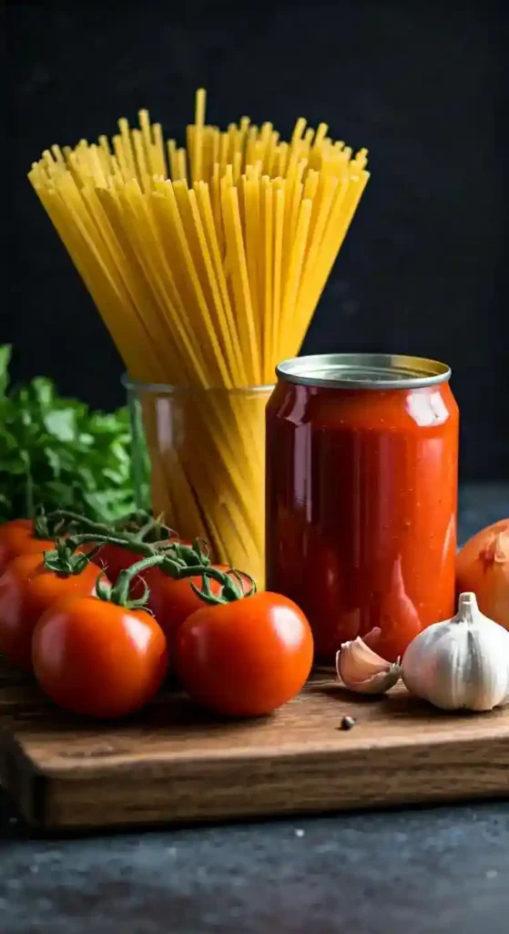 Fresh ingredients for homemade canned spaghetti sauce displayed on a wooden cutting board.