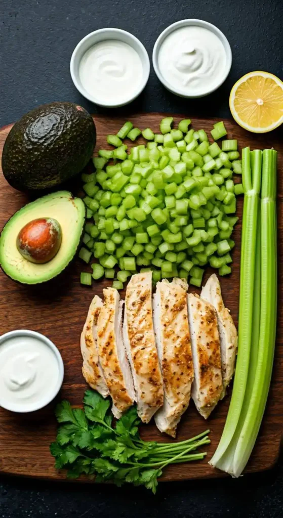 Ingredients for Keto Avocado Chicken Salad displayed on a wooden cutting board.