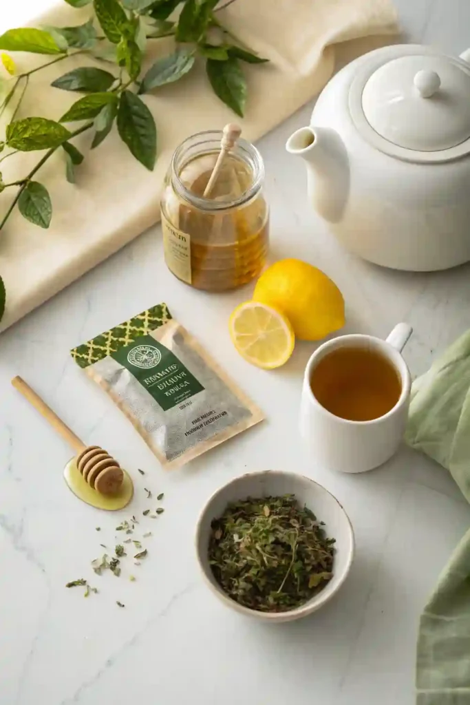 Green tea bag, lemon slices, honey, and loose tea on a kitchen counter