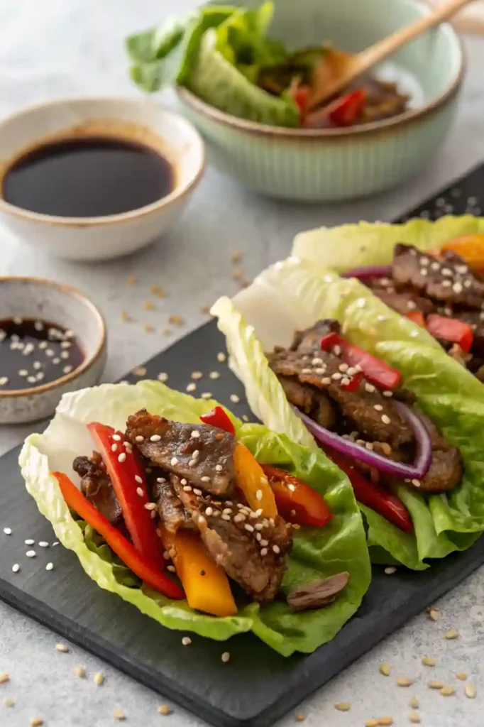 Lettuce wraps filled with grilled beef strips, peppers, onions, and drizzled with sugar-free teriyaki sauce