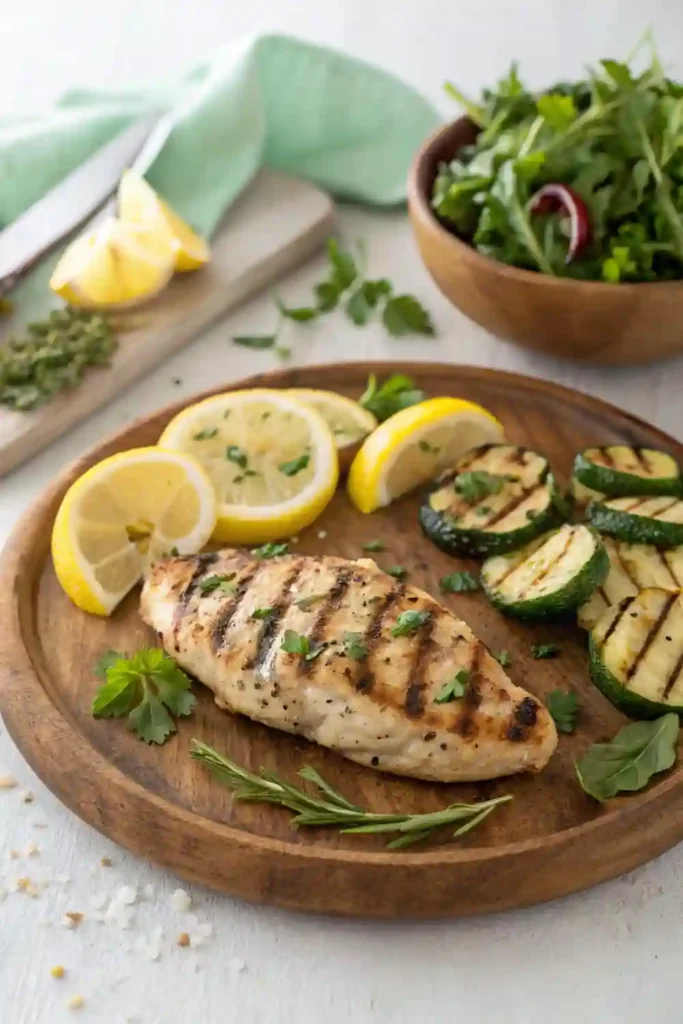 Grilled lemon herb chicken breasts served with zucchini and salad on a rustic summer plate
