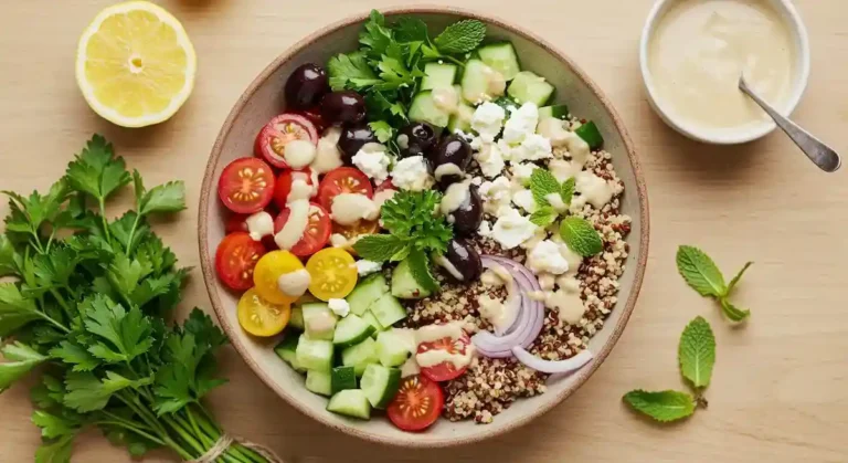 Overhead view of Mediterranean quinoa power bowl with tri-color quinoa, cherry tomatoes, cucumber, feta cheese, olives, and creamy tahini dressing on wooden table