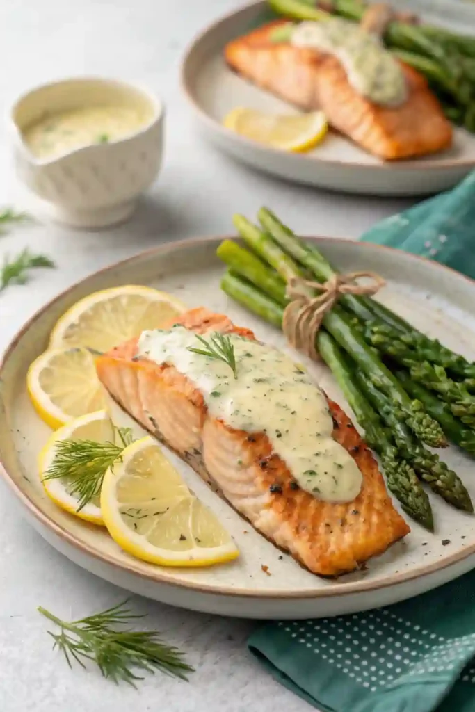 Grilled salmon fillets topped with creamy mustard dill yogurt sauce and served with lemon and herbs