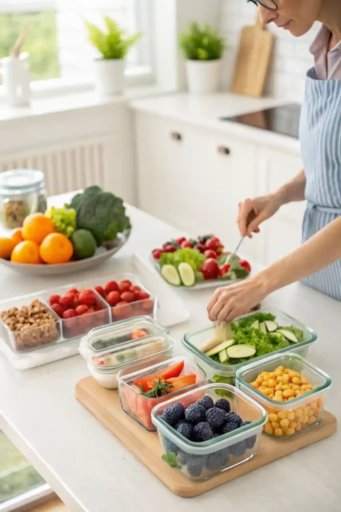 Person meal prepping healthy snacks in glass containers in bright kitchen