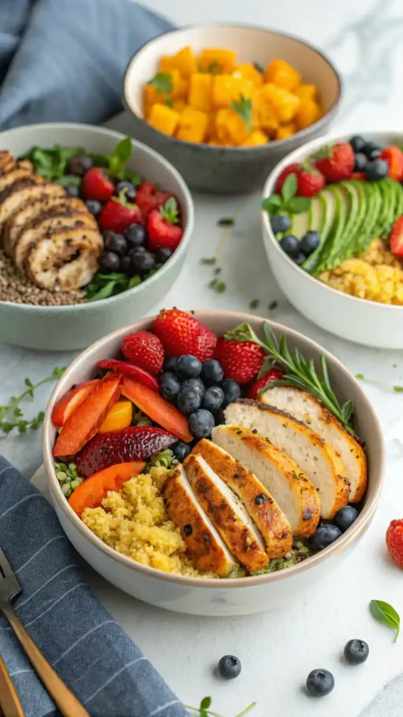 Three variations of saffron quinoa bowl recipe with different protein and vegetable toppings